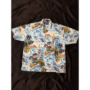 VTG SUN SURF Hawaiian Aloha Shirt XL USA Waves Tower Palm Trees Pineapple Button